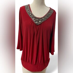 Jennie & Martis Elegant Dark Red 3/4 Sleeve Jewel Embellished Women's Top